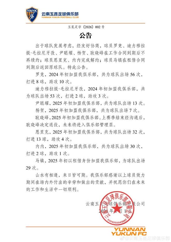 云南玉昆官方：恩里克、内内等7名球员离队耿晓峰退役(图1)