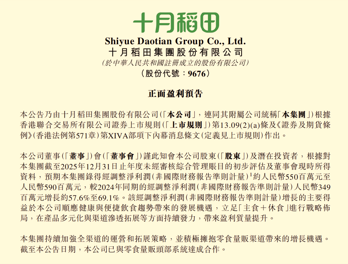 十月稻田“主食+休食”战略见成效2025年经调整净利润同比增长约576%至691%(图1)